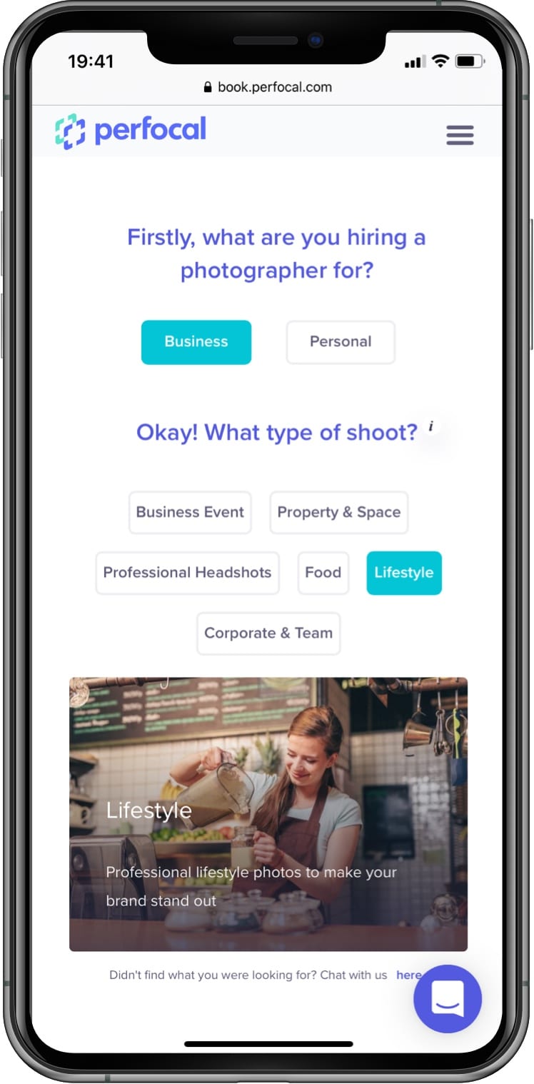 screenshot of mobile phone showing the Perfocal booking form