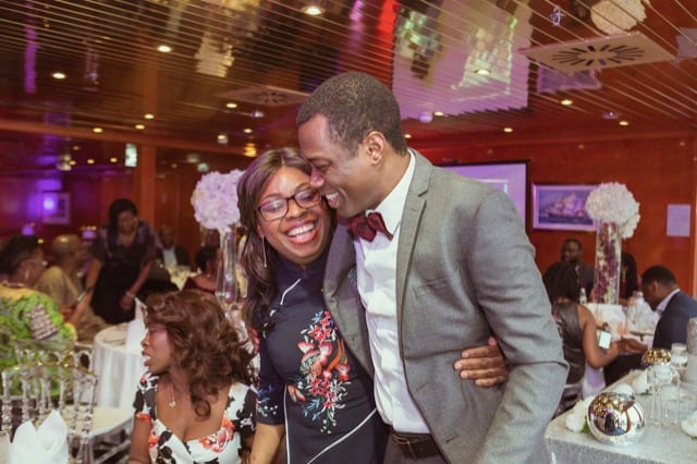 family members greeting and laughing on a birthday party