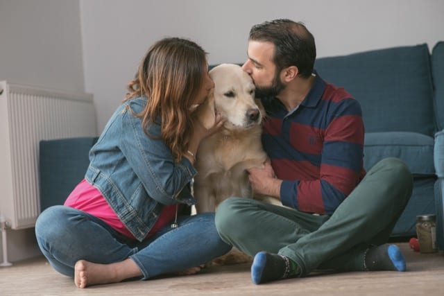 A couple kiss their golden retriever dog on both sides of his face in the living room of their home