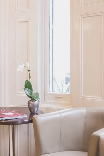 The arm of a cream leather sofa in front of white walls, next to a small orchid on a side table