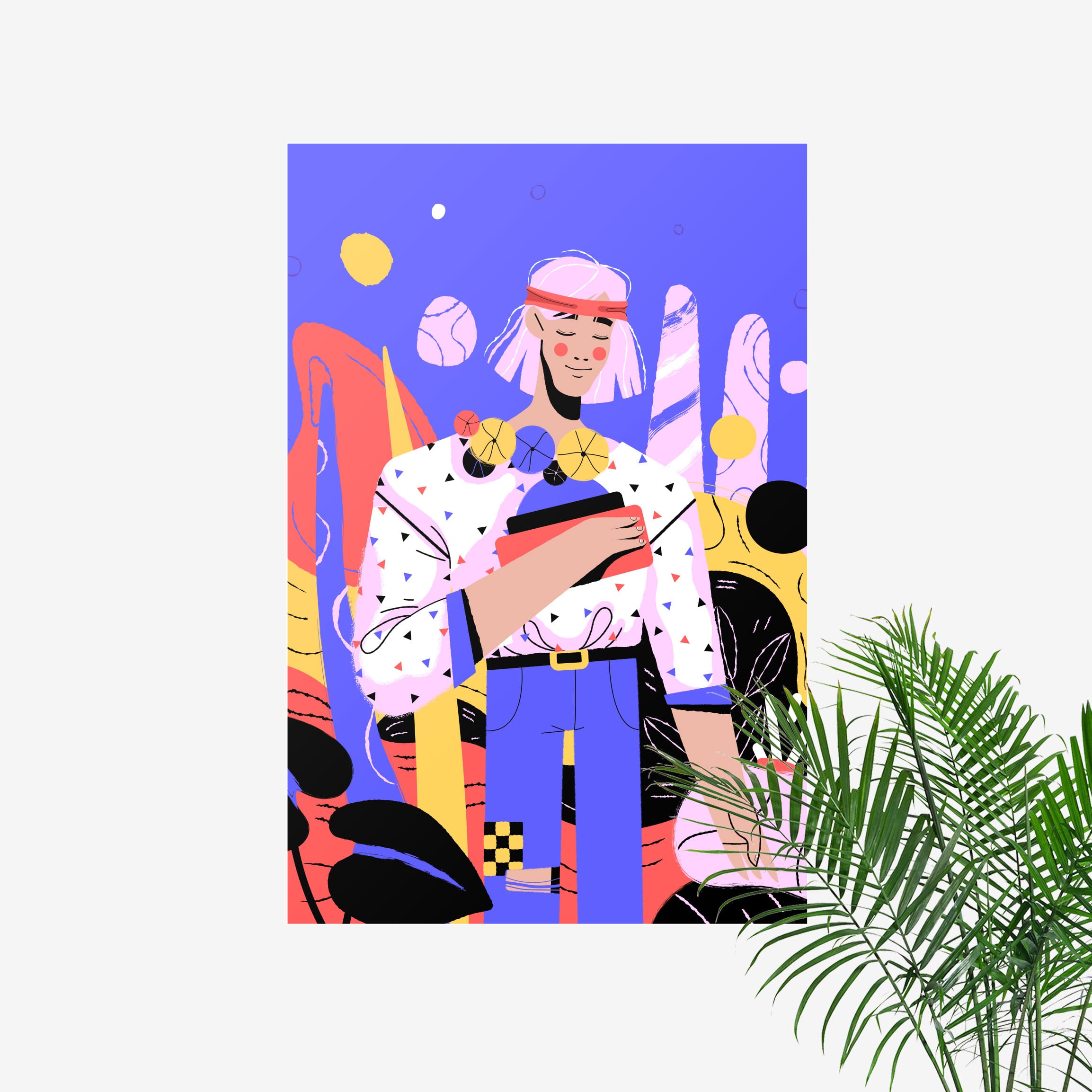 Art print on a wall next to a tall house plant